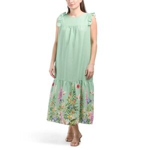 La‎ Ragazze Women Green Floral Ruffle Sleeve Midi Dress Made In Italy Size L